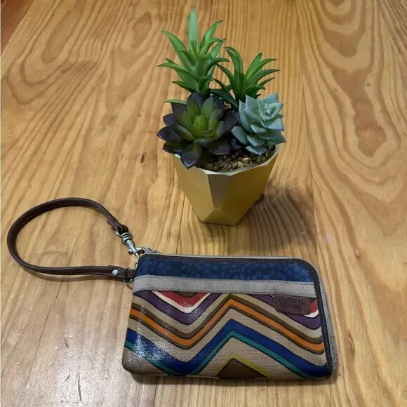 Fossil Womens Small Vinyl Zip Coin Card Holder Purse Stripes