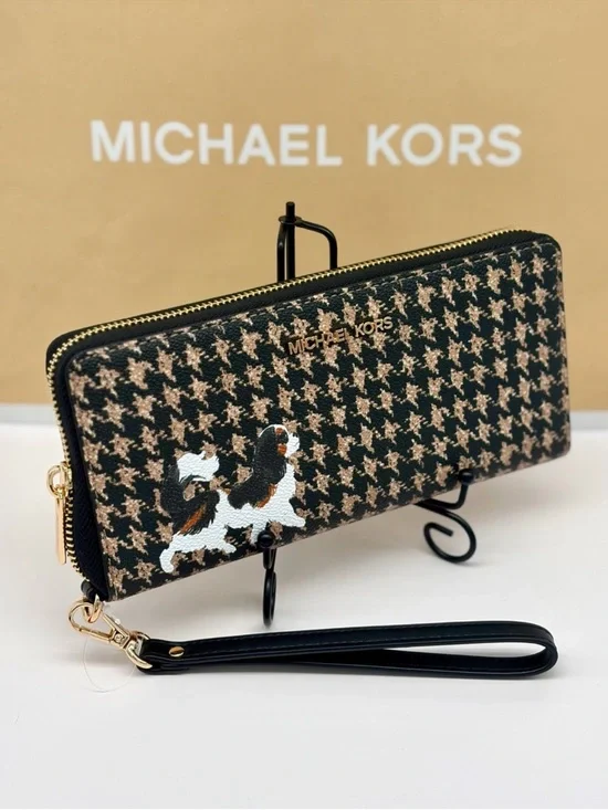 Michael Kors Black & Beige Houndstooth Continental Wallet with Dog Appliqué