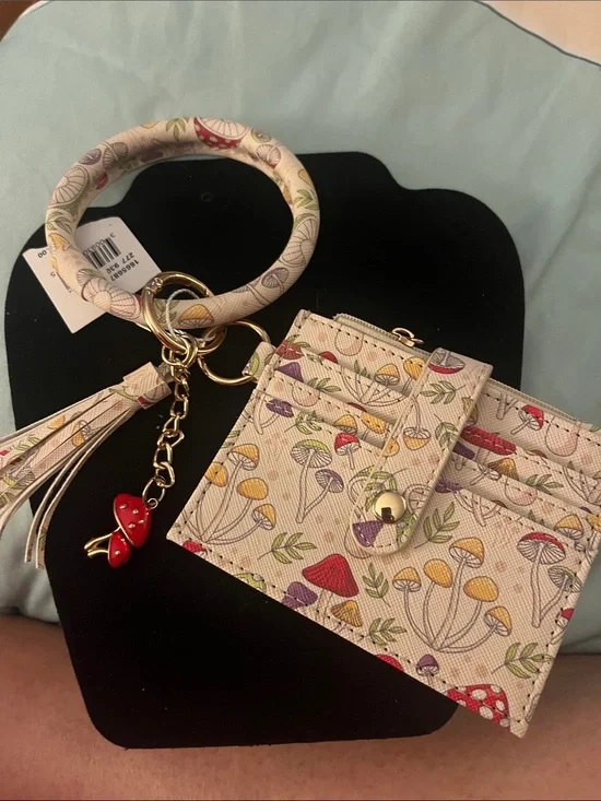 Mushroom Print Wristlet Card Holder Keychain - Cream