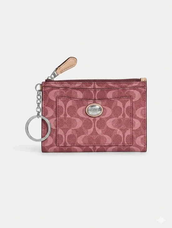 Coach Pink Signature Jacquard Zip Card Case with Key Ring