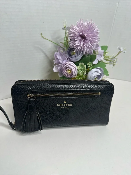 kate spade Black Pebbled Leather Zip Wristlet Wallet with Tassel
