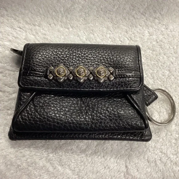 Brighton Black Pebbled Leather Coin Purse Keychain Ornate Silver Gold Hardware