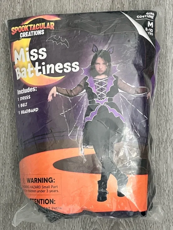 Miss Battiness Bat Costume Girls M 8-10 NWT Purple Black Halloween