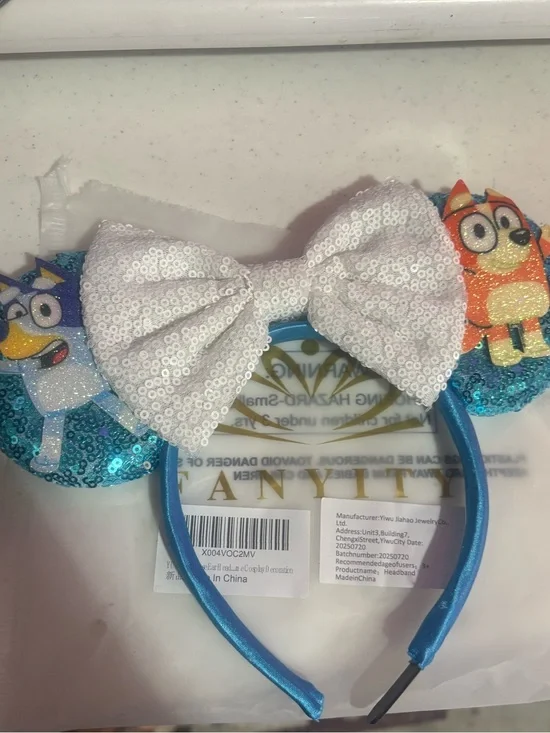 White Sequin Bow Blue Kids Bluey Headband