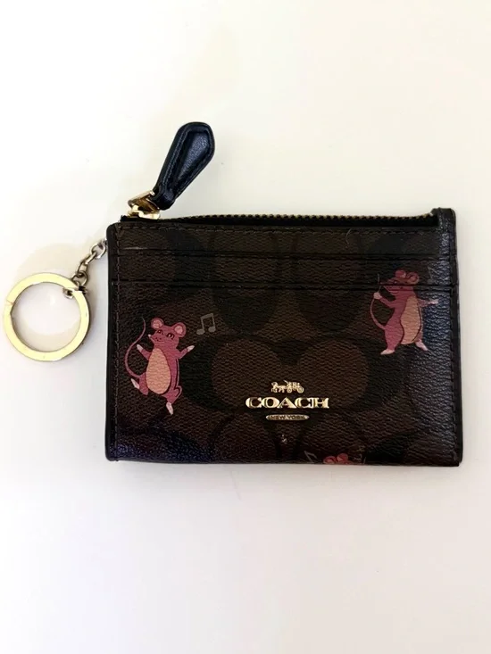 Coach Mini Skinny ID Case Wallet Signature Canvas Party Mouse Print
