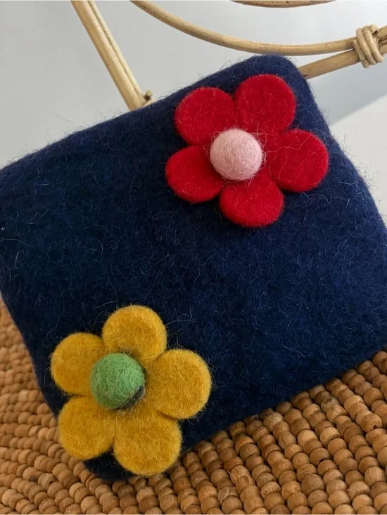 Wool Zipped Pouch Wallet Coin Purse with Red and Mustard Flower Accents