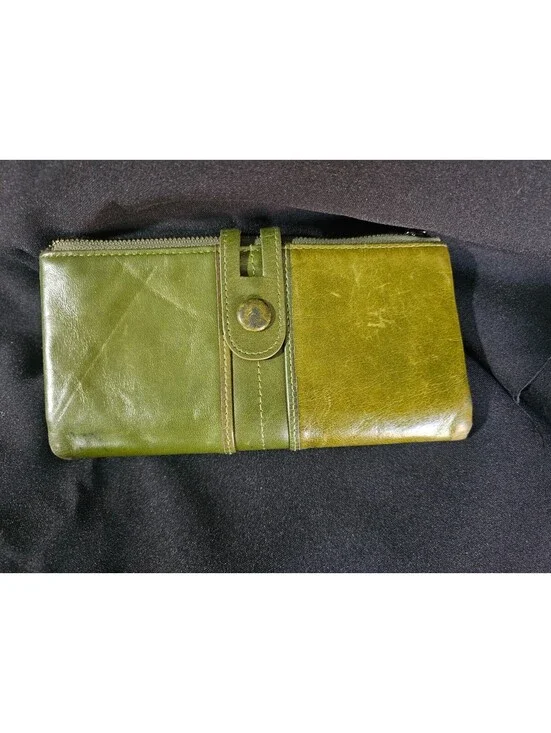 VTG Roulens Green Zip-Around Folding Wallet with ID Window Photo Holder Leather