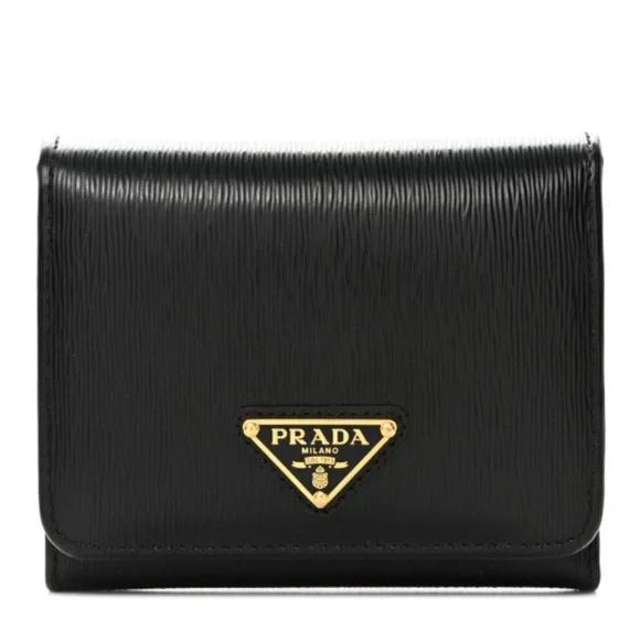 Prada Black Textured Leather Wallet with Gold Logo