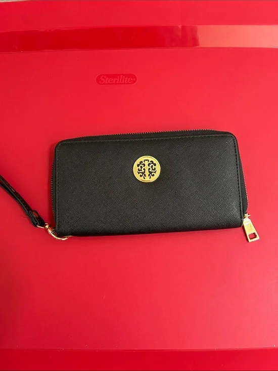 Black Zip Around Wristlet Wallet with Gold Medallion