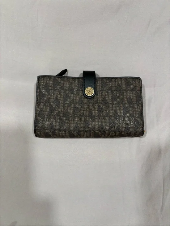 Michael Kors Brown and Black Signature MK Continental Wallet with Gold Accent