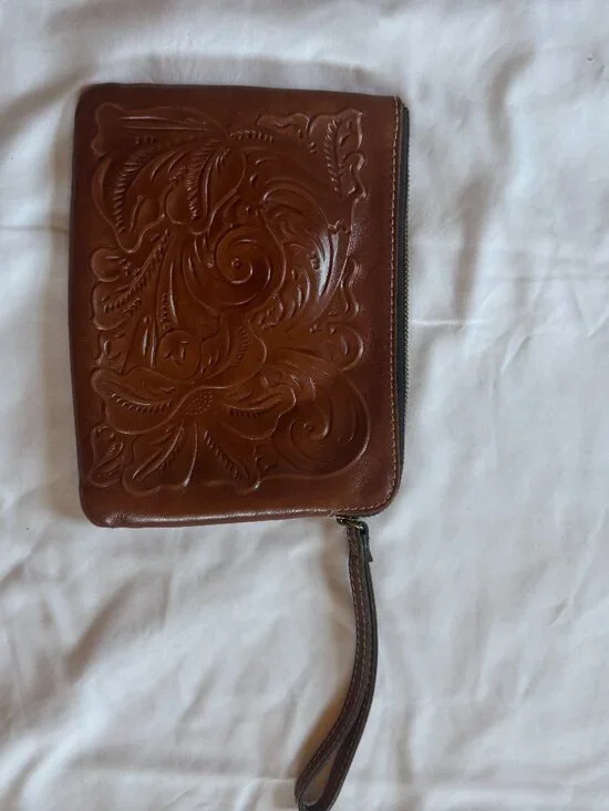 Brown Tooled Leather Wristlet Clutch Wallet