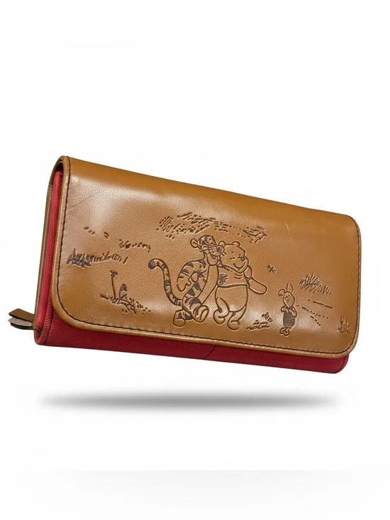 Disney Winnie the Pooh Red Brown Wallet Sketch Zip Around Wristlet