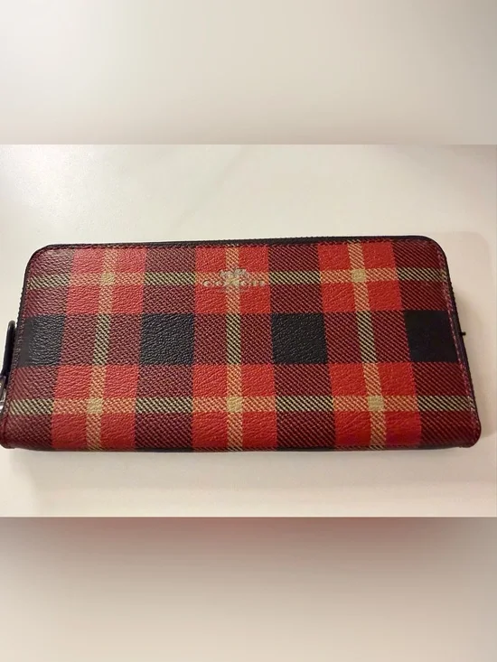 Coach Red Plaid Zip-Around Wallet with Black Accents