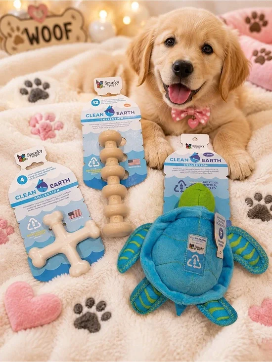 3 Clean Earth Blue & Cream Dog Toy Bundle - Eco-Friendly Plush Turtle & Chew Toy