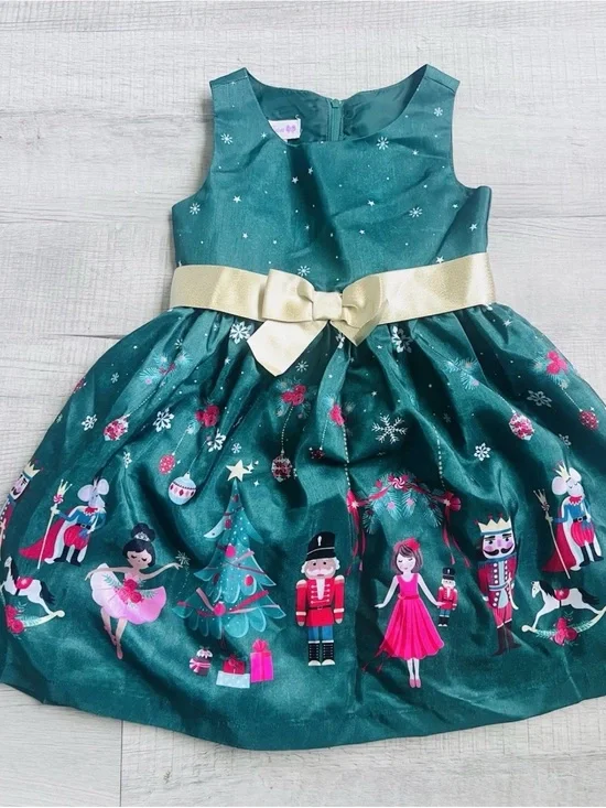 Bonnie Jean Teal Nutcracker Print Holiday Dress with Gold Bow
