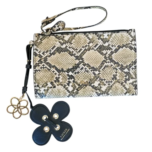 Lauren Ralph Lauren Polo Faux Reptile Wristlet Wallet Flower Dangles Designer