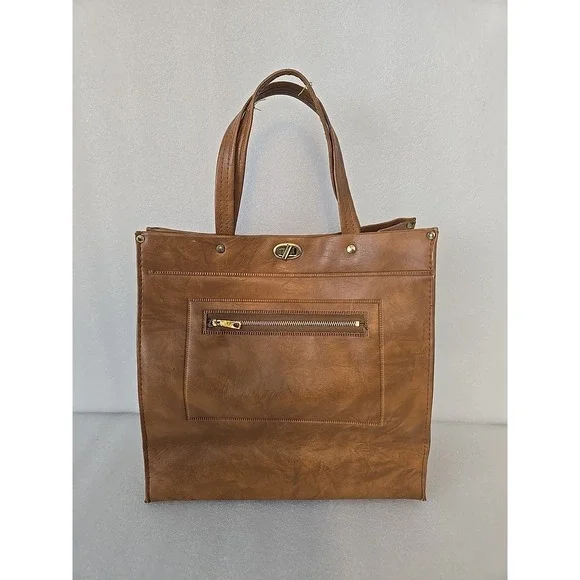 Vintage 1970's Zipped Pocket Handbag Brown‎ Leather Vinyl Purse Woman Classic