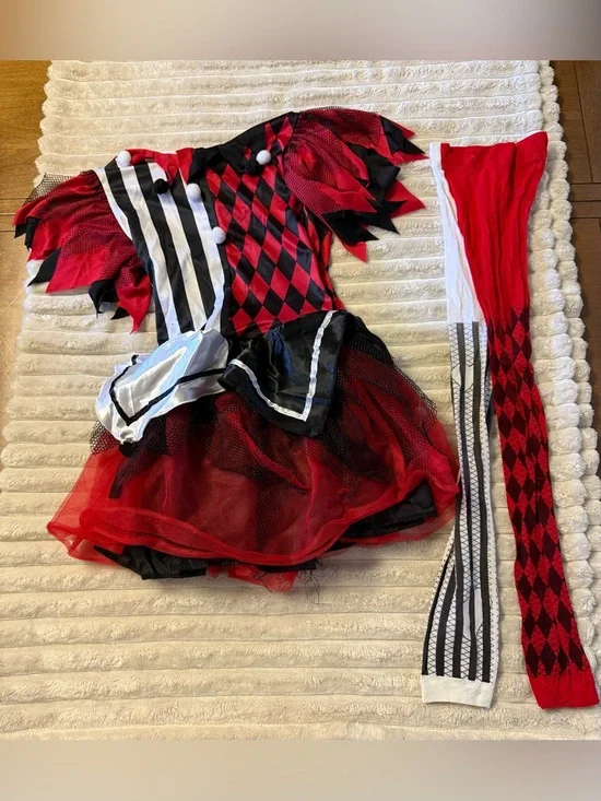 Spirit Red and Black Harlequin Jester Girls Costume with Striped Tights