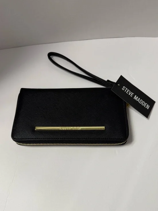 Steve Madden Black Zip-Around Wristlet with Gold Bar