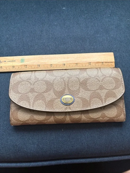 Coach Brown Signature Flap Wallet with Logo Emblem