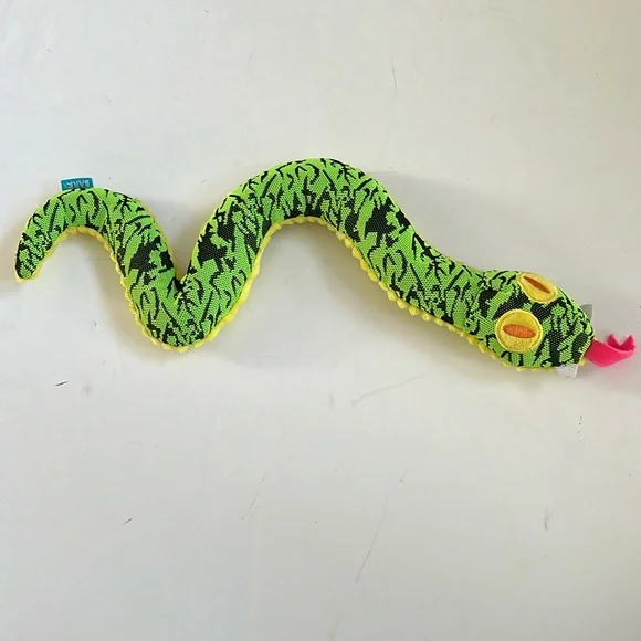 Bark Green And Yellow Fabric Snake Squeak/Crinkle Dog Toy