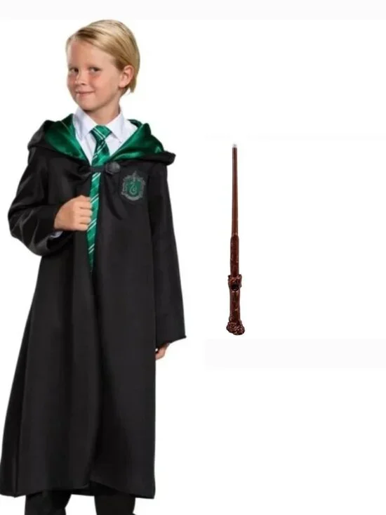 Harry Potter Slytherin Robe & Light Up Wand Halloween Costume 7/8 Black Hooded