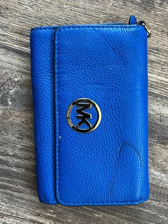 Michael Kors Electric Blue Pebbled Leather Wallet with Gold MK Emblem