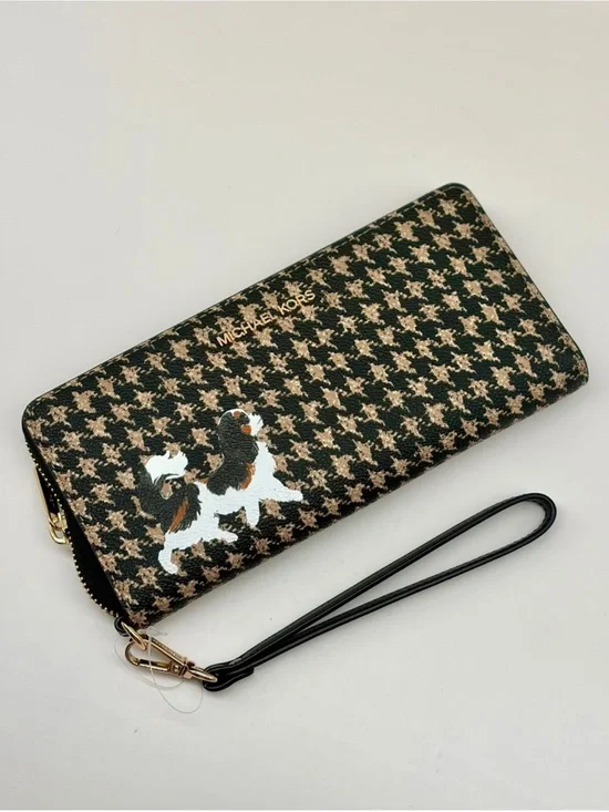Michael Kors Black & Tan Houndstooth Zip Wristlet continental Wallet Dog Print