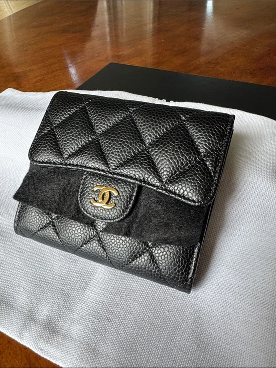 CHANEL Black Quilted Caviar Leather Wallet with Gold CC