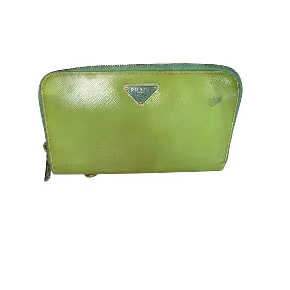PRADA Saffiano Patent Leather Zip-Around Wallet in Apple / Mint Green