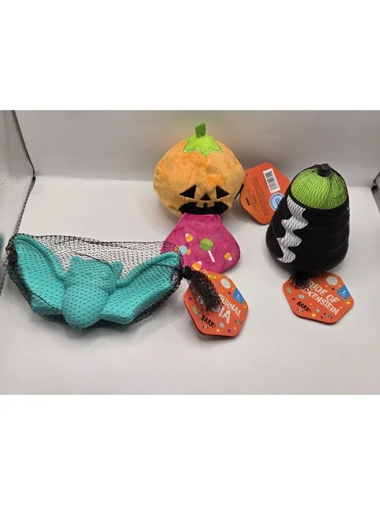 BARK BarkBox Super Chewer Halloween Dog Toy Lot L Candy Yak-O-Lantern Bat Bride
