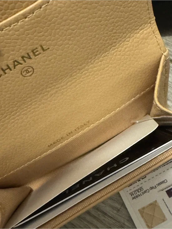 CHANEL Tan Quilted Caviar Leather Card Wallet with Gold CC