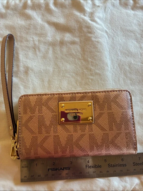 Michael Kors Tan Gold Logo Wristlet Card Case