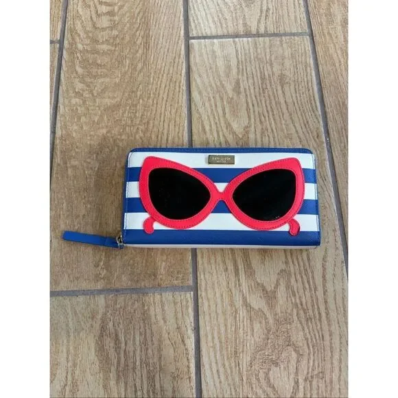 Kate Spade Make a Splash Neda Wallet Blue Stripe Sunglasses Zip Around Clutch