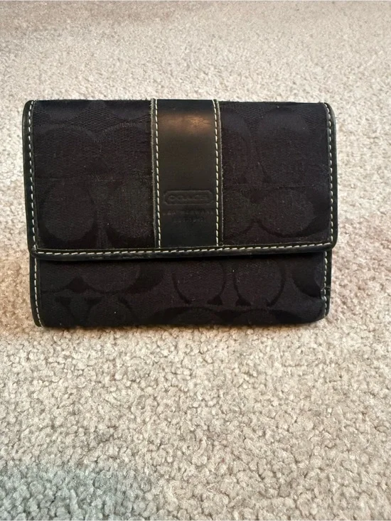 Coach Black Signature Canvas Trifold Wallet with Leather Trim