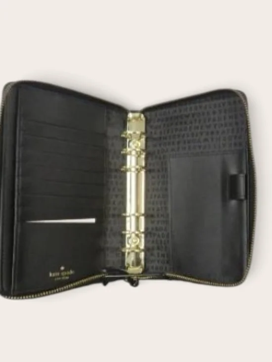 kate spade Wellesley black leather zip-around ring binder with gold rings