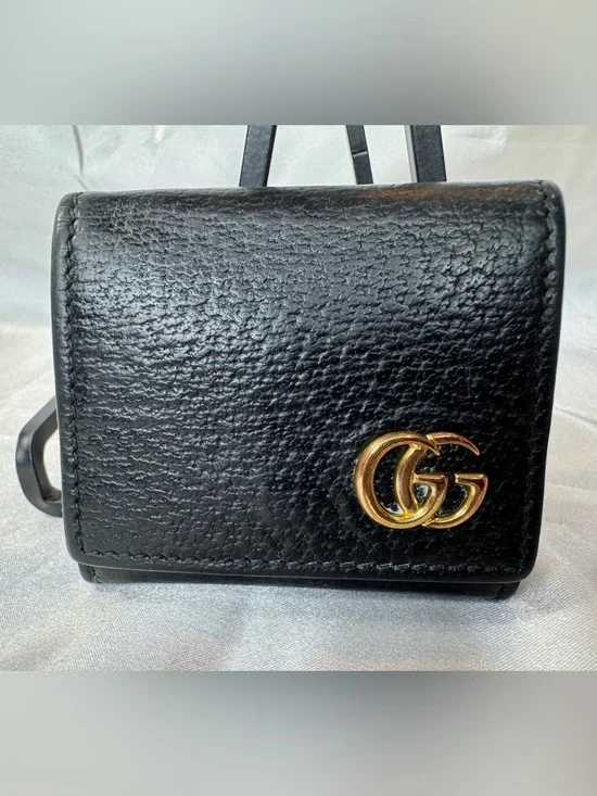 Gucci GG Marmont Black Leather Gold GG Coin Case Wallet