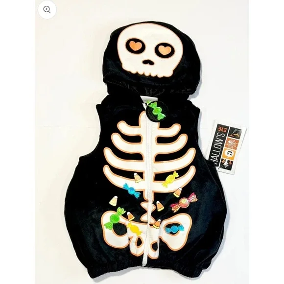 Hallow's‎ Eve Halloween Skeleton Candy Vest Costume 6-9 Months Hooded NEW