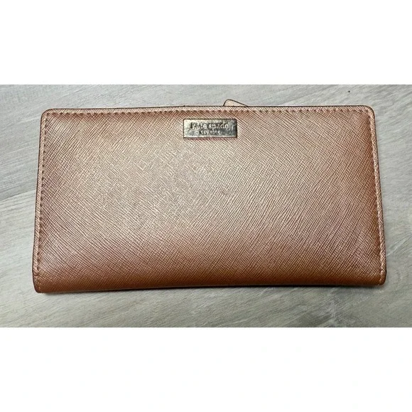 Kate Spade Rose Gold Metallic Saffiano Leather Wallet Clutch Zip Around