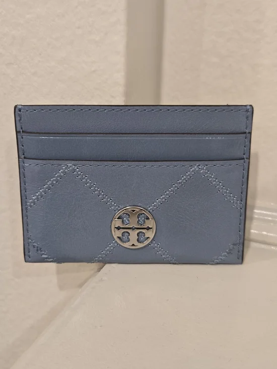 Brand New Tory Burch Powder Blue Quilted Leather Card Holder with Logo