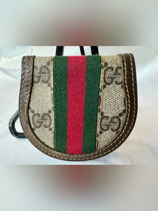 Gucci Vintage Brown Canvas & Leather Sherry Line GG Supreme Horseshoe Coin Case