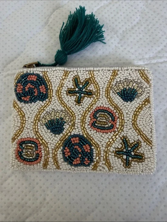 Beaded White Clutch with Teal Tassel and Coral Accents