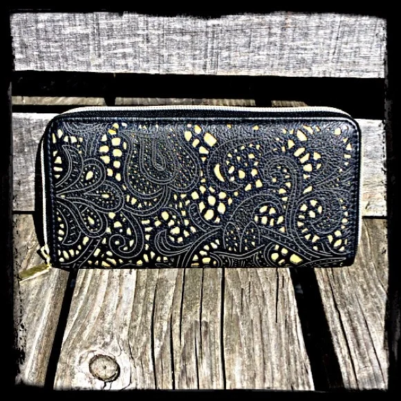 - Black Scroll Cut-Out Accordion Wallet! NEW!