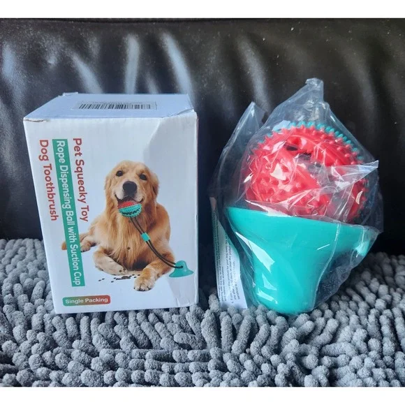 Dog Toothbrush Rope Dispensing Ball With Suctuon Cup Squeaky‎ Toy (Brand-NEW)