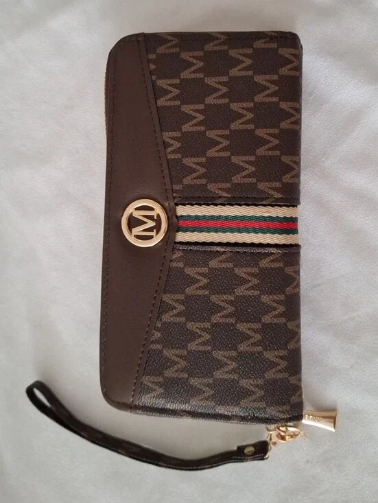 Brown Monogram Wristlet Wallet with Striped Accent and Gold Logo