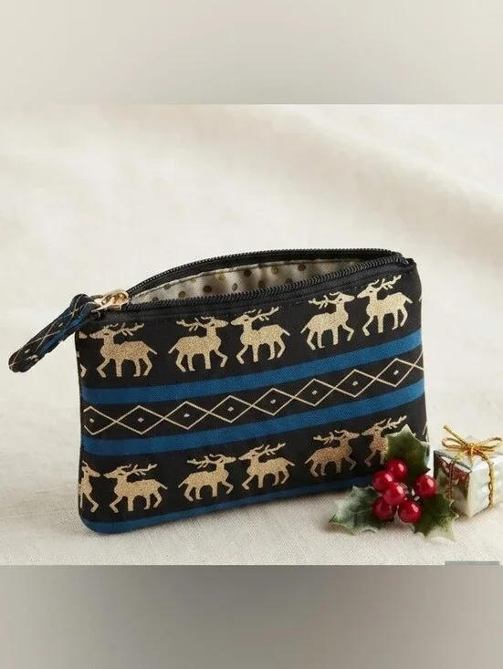 NWOT Black & Gold Reindeer Pattern Mini Pouch / Coin Purse - Christmas / Holiday
