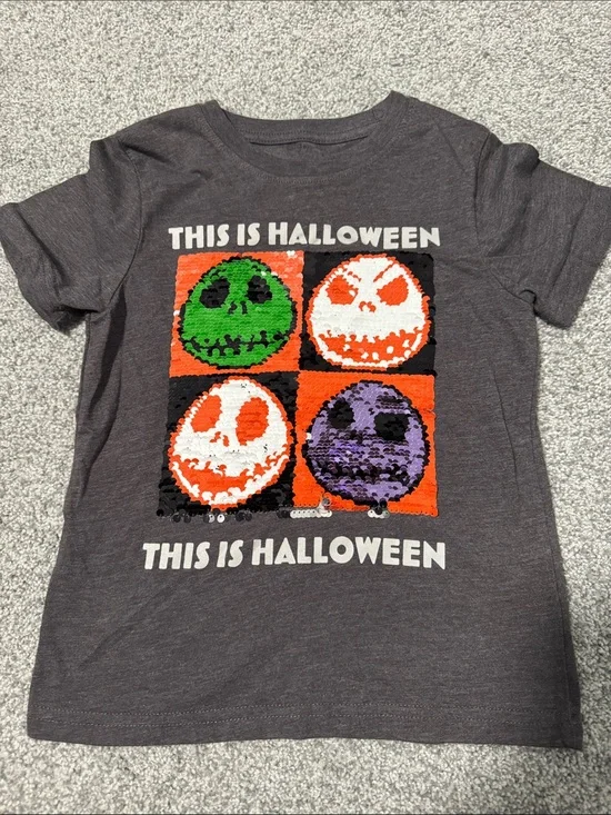 Disney Kids Halloween Sequin Tee - Gray with Orange, Green & Purple Skulls