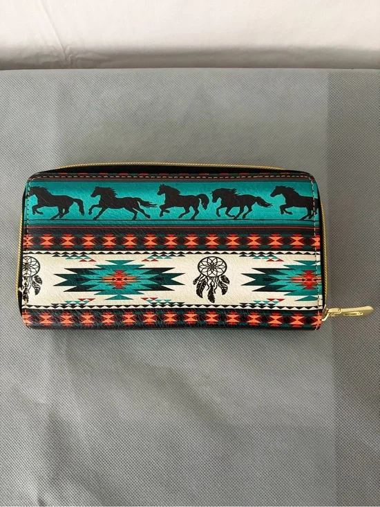 Western Aztec Wallet Horse Multicolor Zip Around (B193)