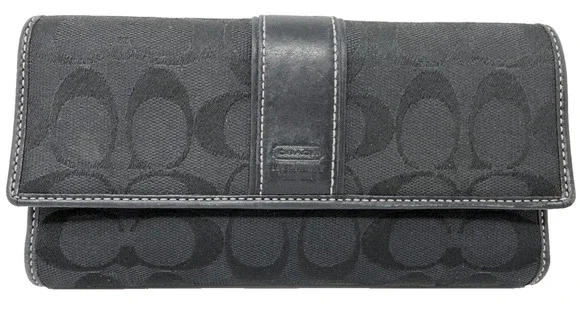 Coach Black Signature Jacquard Fabric & Leather Trim Checkbook Trifold Wallet