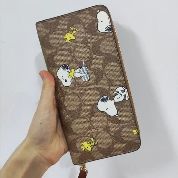 Coach Brown Signature Canvas Zip Wallet with Snoopy & Woodstock Print